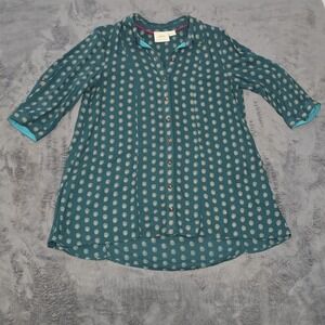 Maeve Anthropologie Top Medium Green Geometric Button Down Tunic Boho Flowy Airy
